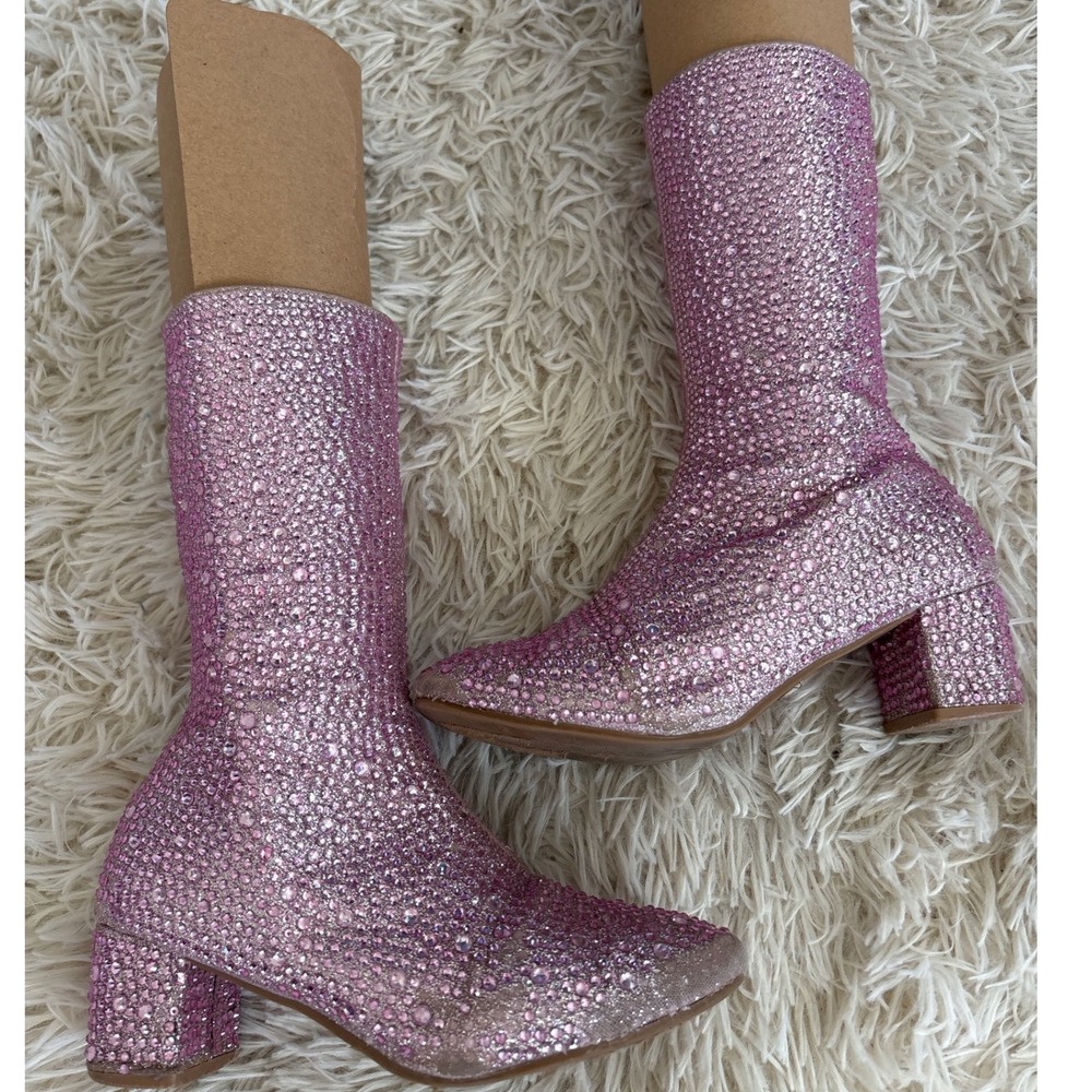 Link Kids Pink‎ Rhinestone Boots Sparkle Chunky Heel Zip Up Size 1